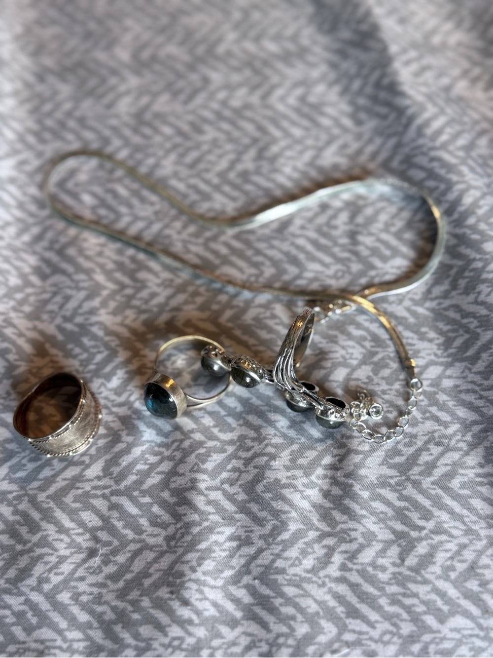 5-Piece Silver-Tone Jewelry Bundle | Assorted Rings, Herringbone Chain & Bracele